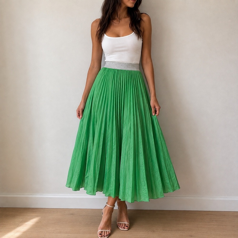 Loyd/Ford Green Pleated Maxi Skirt Metallic Waistband Medium Maximalist Resort